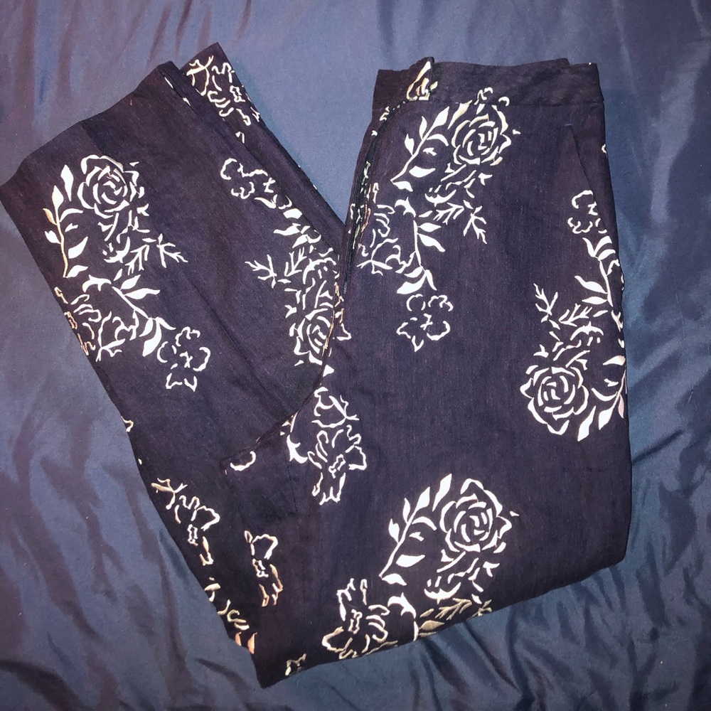 david n navy floral embroidered linen cropped pants